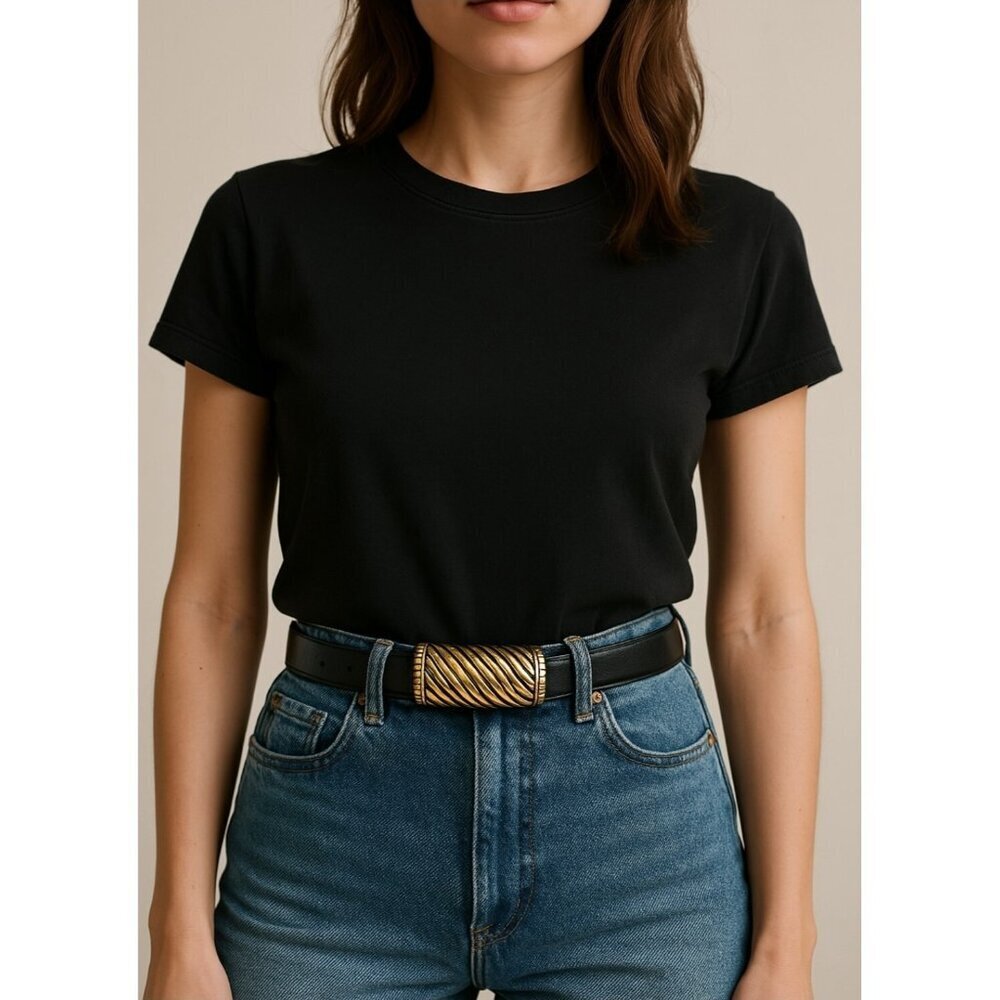 Vintage 80s Vicenza Woman’s Belt 46 Black Italian Genuine Calfskin Buckle Skinny